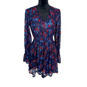 NWOT DISNEY PRINCESS WOMENS BLUE FLORAL LACE LONG SLEEVE V-NECK DRESS SIZE SMALL